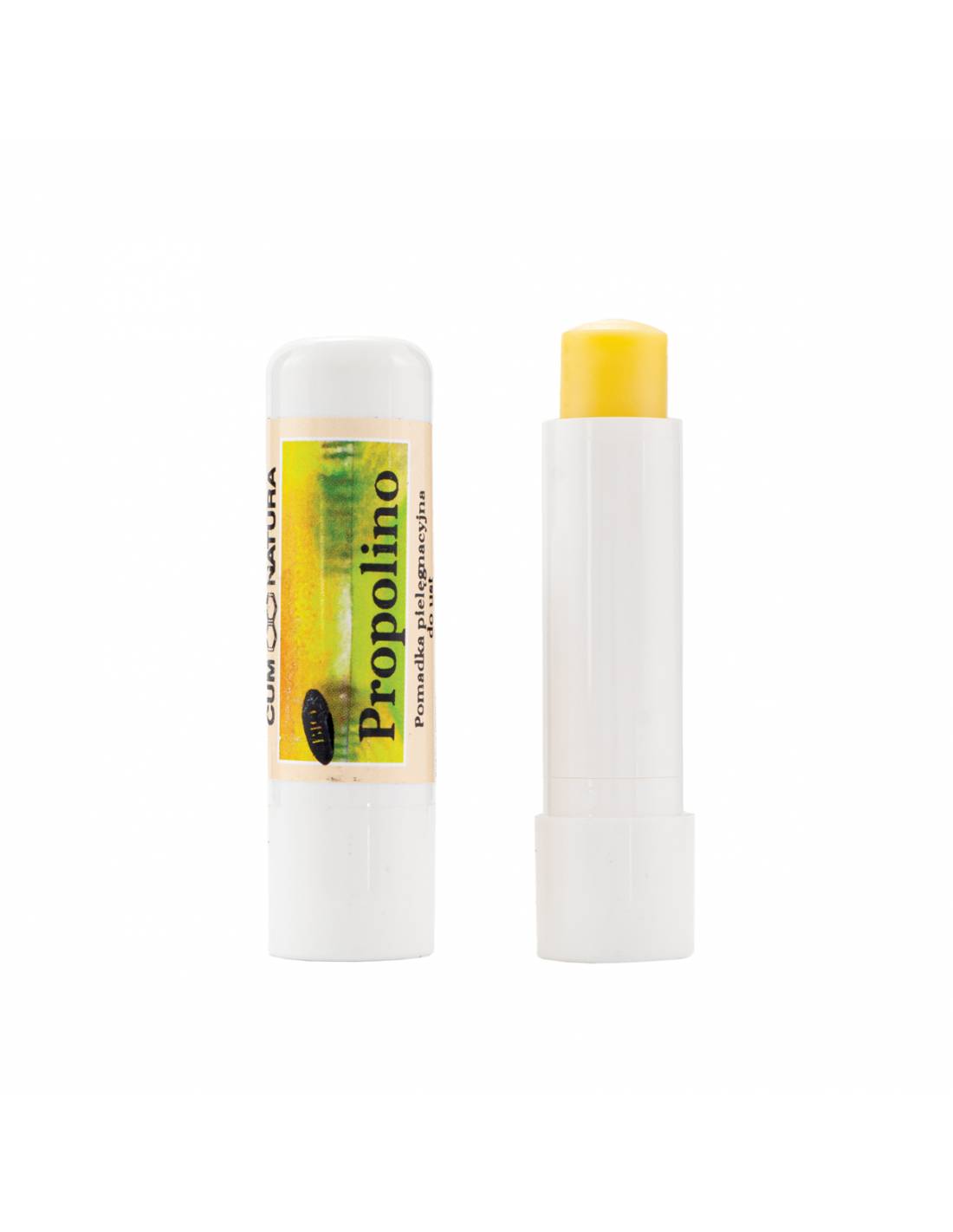 pomadka z propolisem propolino o lekkim pomarańczowym zabarwieniu.
